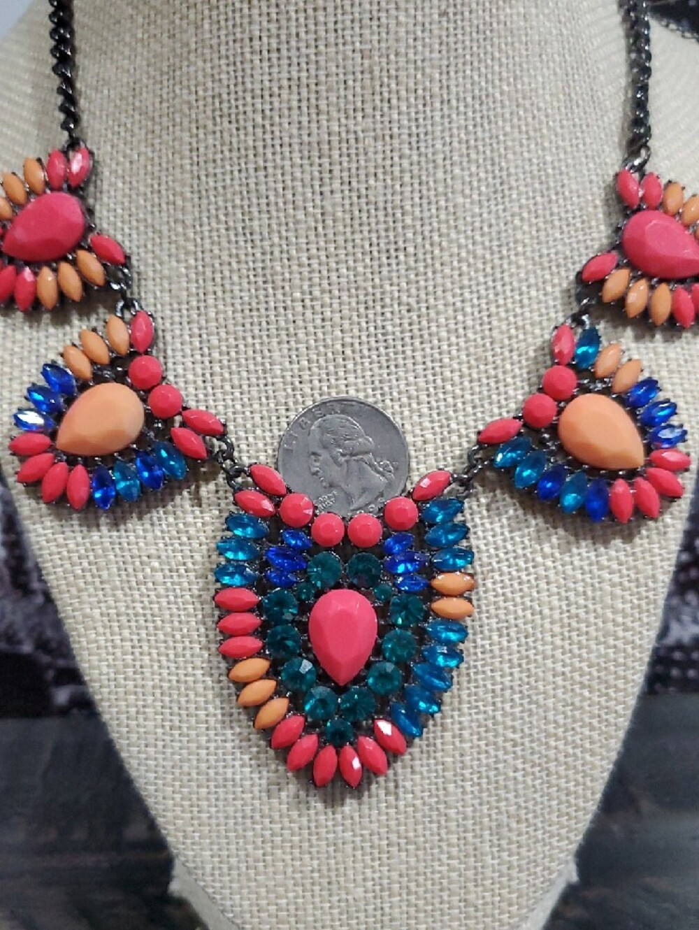 Statement Multicolor Gem Bib Necklace - Coral, Peach & Blue Chunky Maximalist - Picture 6 of 7